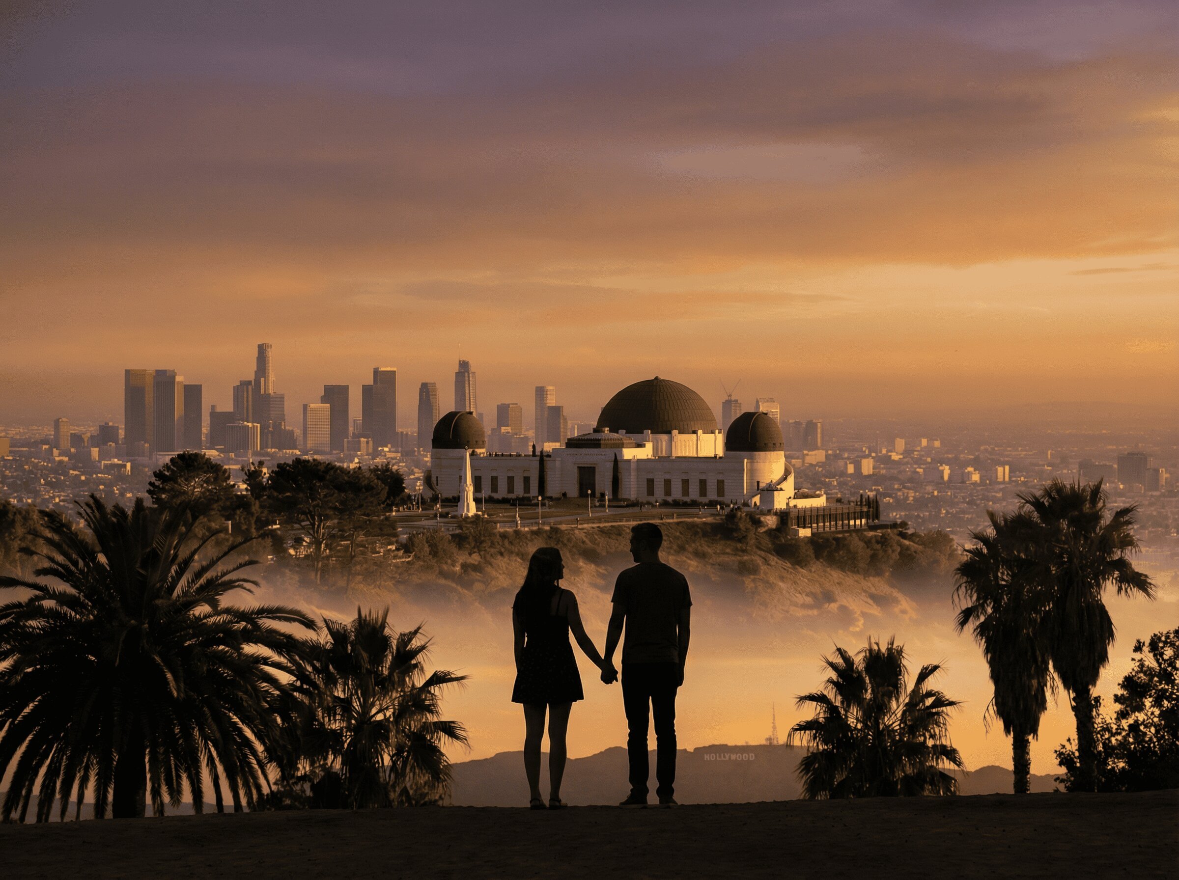 Los Angeles Vacation Photographer — Golden Hills & Iconic Skylines A couple silhouetted at golden hour with the Griffith Observatory and Los Angeles skyline in the background