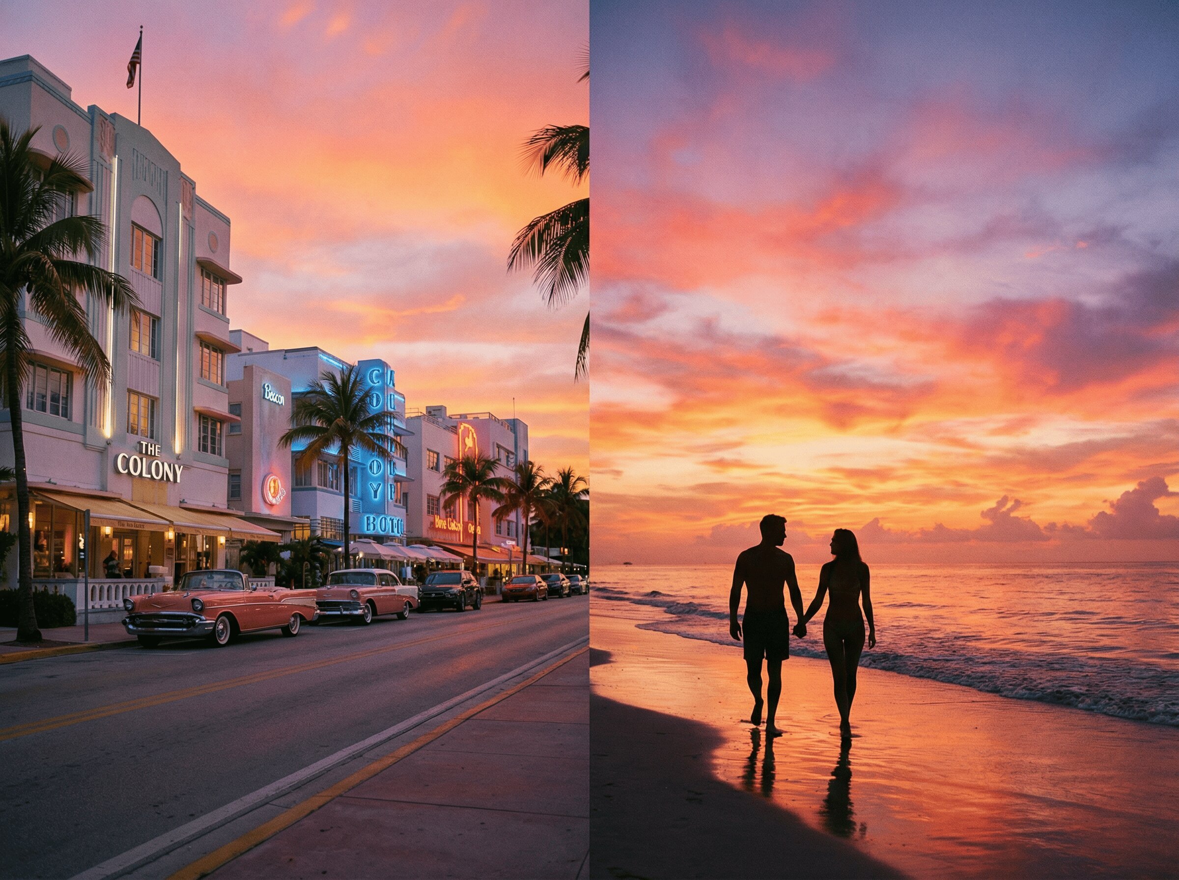 Miami Vacation Photographer — Art Deco, Sunsets & Turquoise Waters A couple walking hand in hand on a Miami beach at sunset with colorful Art Deco buildings and a vibrant pink sky