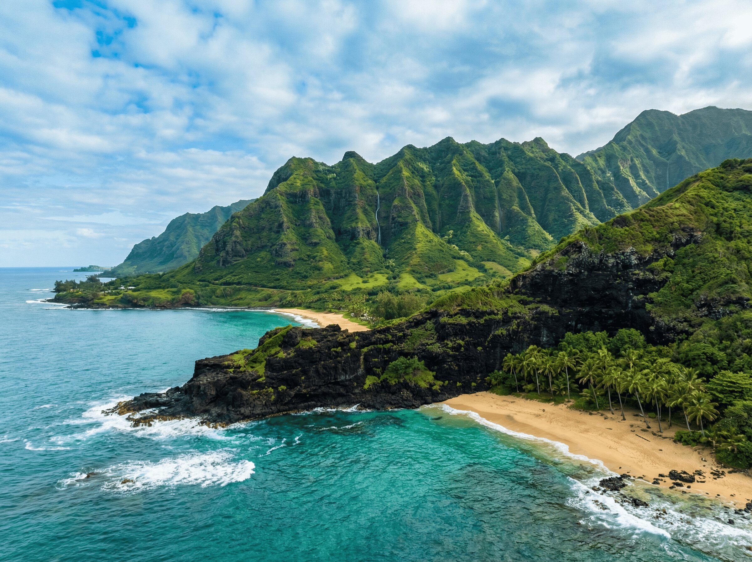 Maui Vacation Photographer — Lush Valleys & Black Sand Beaches Aerial view of Maui's lush green valley cliffs and black sand beach coastline in Hawaii