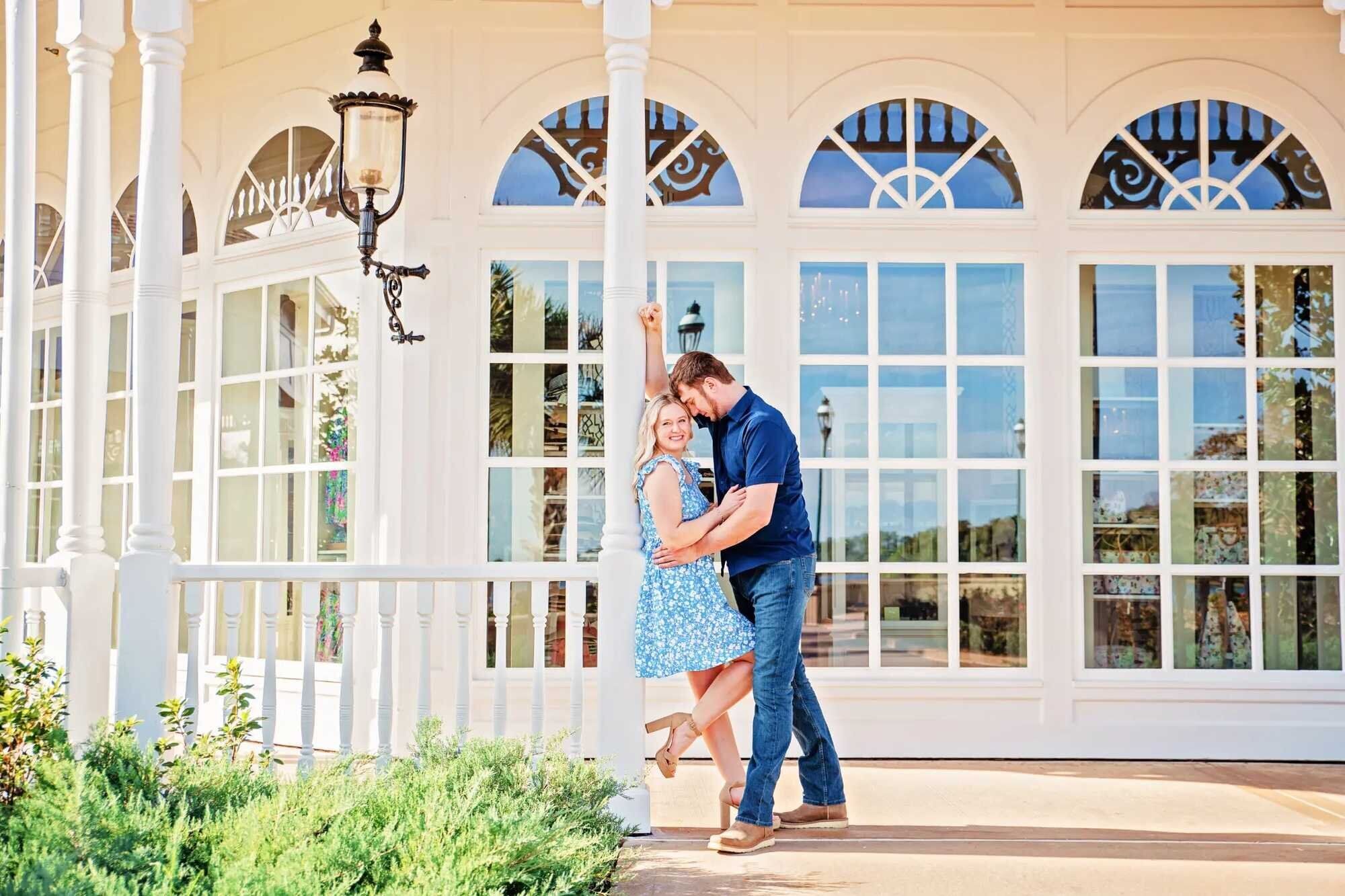 Couple posing at Disney Grand Floridian Couple posing together on the porch of the Disney Grand Floridian Resort