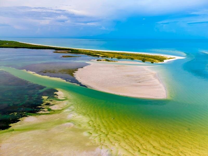 Tampa Photographer Locations | Caladesi Island State Park, Florida Aerial view of Caladesi Island State Park in Dunedin, Florida, showing the pristine white sandbar surrounded by turquoise and emerald Gulf waters — a secluded Tampa photo session location by Dreamgraphy