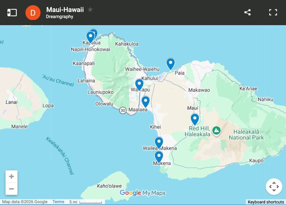 Maui Photographer — Photo Session Locations Map of Maui photo session locations offered by Dreamgraphy photographers