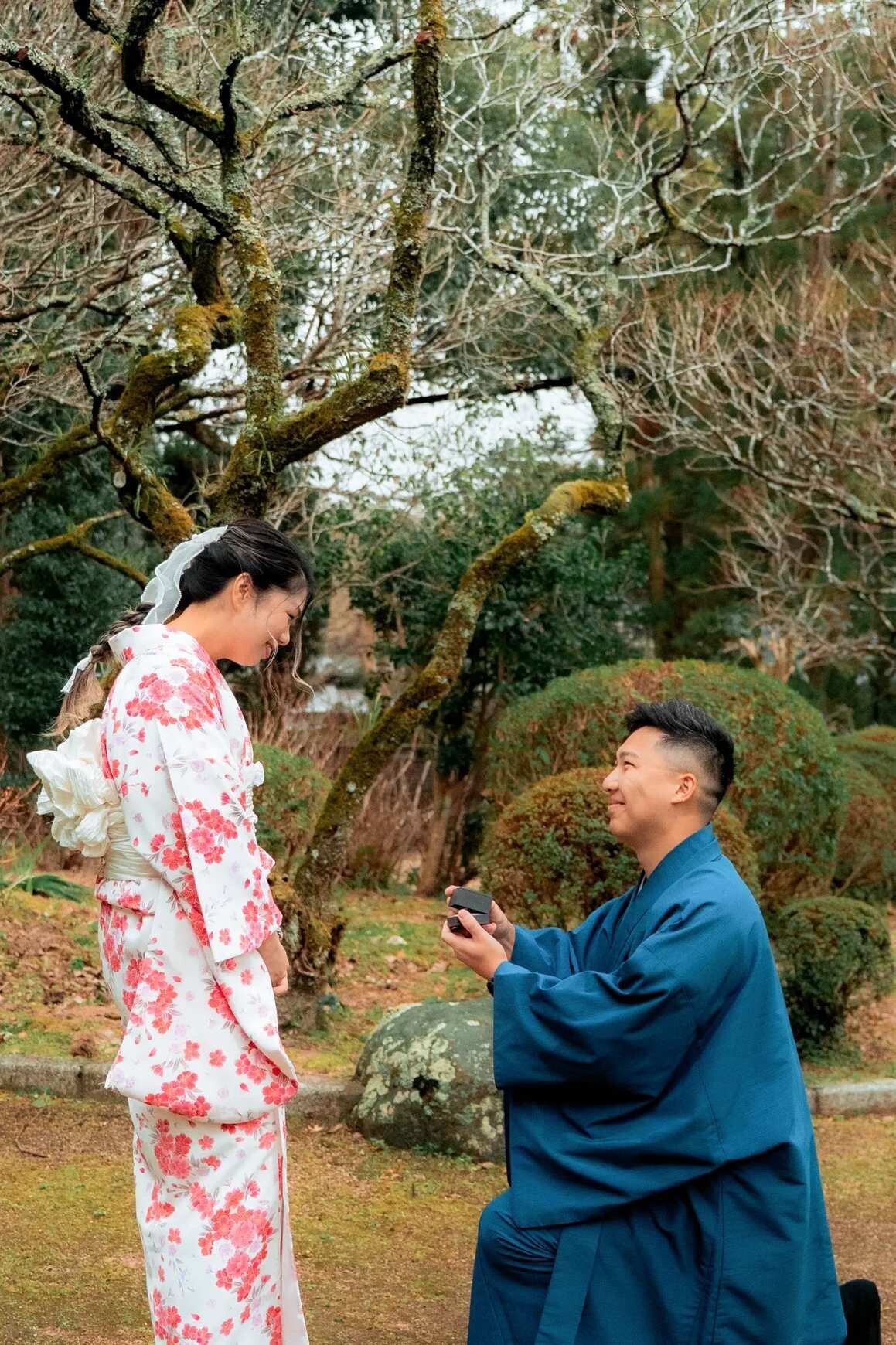 Fukuoka Proposal Photography — Kimono Garden Session | Dreamgraphy A man proposing on one knee in traditional blue kimono to his partner dressed in a floral furisode, surrounded by moss-covered trees in a Japanese garden in Fukuoka. A beautifully intimate proposal moment captured by Dreamgraphy.
