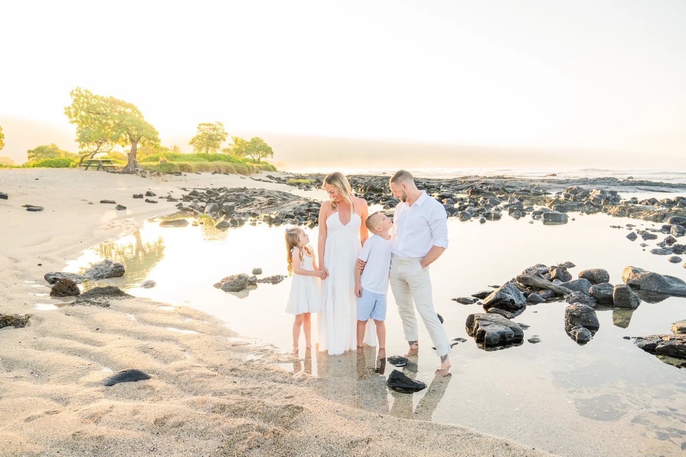Big Island Family Photos — Golden Hour Lava Rock Beach Session A family of four standing together on a lava rock beach on the Big Island of Hawaii during golden hour with a tide pool and tropical trees in the background