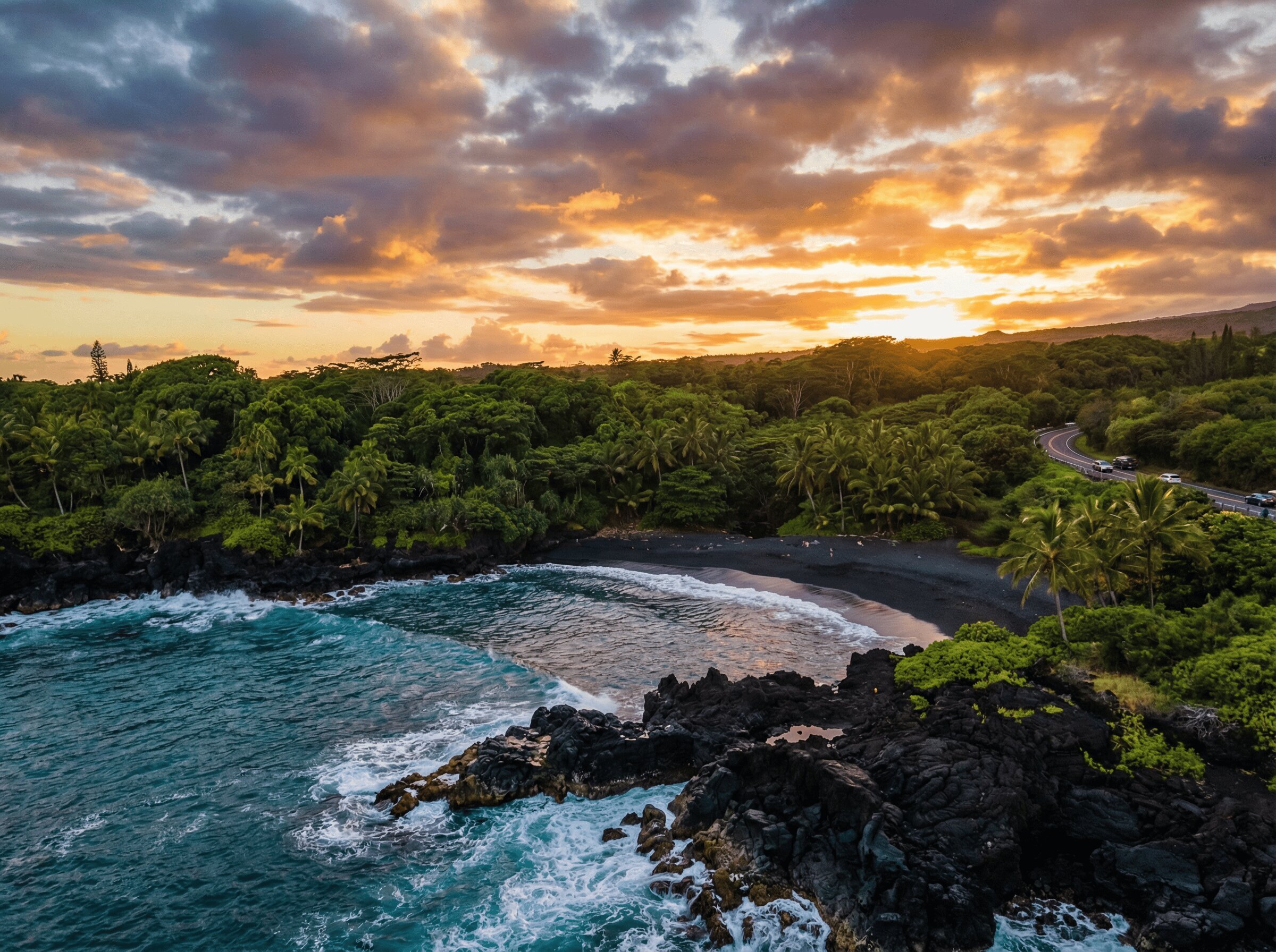Big Island Vacation Photographer — Volcanic Landscapes & Waterfalls Golden sunset over the volcanic jungle landscape of the Big Island of Hawaii