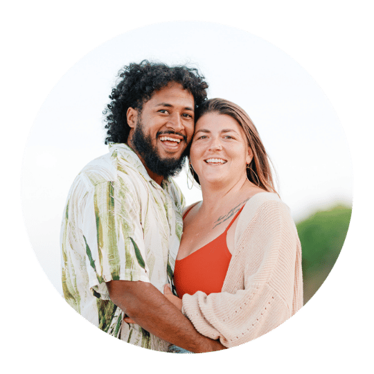 Big Island Photographers — Dreamgraphy Team The Dreamgraphy Big Island photography team, a smiling couple posing together outdoors on the Big Island of Hawaii