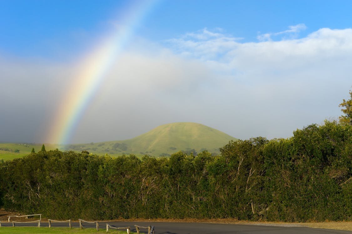 Photo Session Location — Waimea, Big Island Hawaii Rolling green hills and lush landscape in Waimea on the Big Island of Hawaii with a rainbow arching over the valley