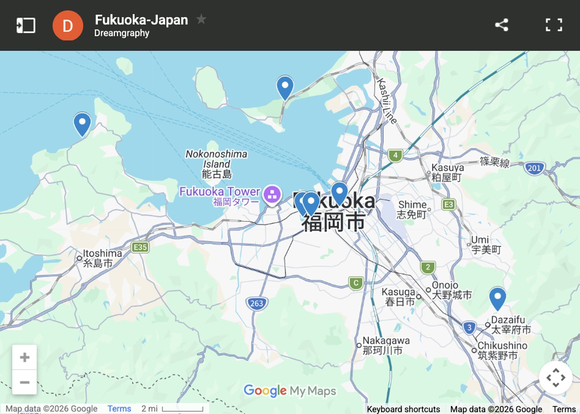 Fukuoka Photographer — Photo Session Locations Map Google Maps overview of Fukuoka, Japan showing Dreamgraphy photo session locations including Ohori Park, Nakasu, Dazaifu, Itoshima, and Uminonakamichi Seaside Park