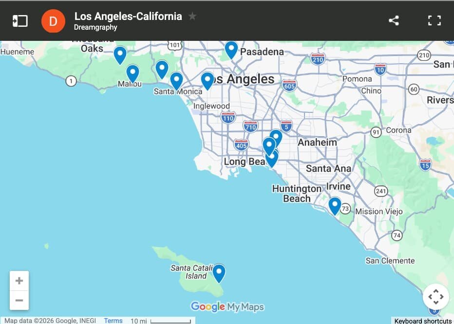 Los Angeles Photographer — Photo Session Locations Map of Los Angeles photo session locations offered by Dreamgraphy photographers