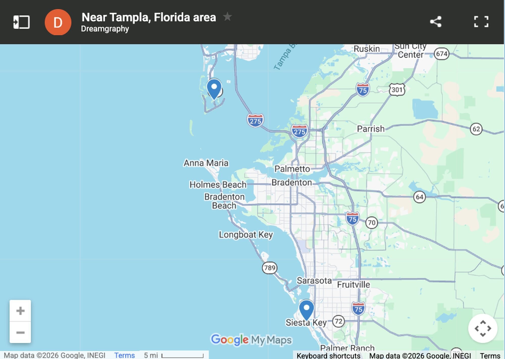 Tampa Bay Area Photo Session Locations Map Google My Maps showing Dreamgraphy's Tampa Bay photo session locations including Clearwater Beach, Honeymoon Island, Caladesi Island, and Siesta Key