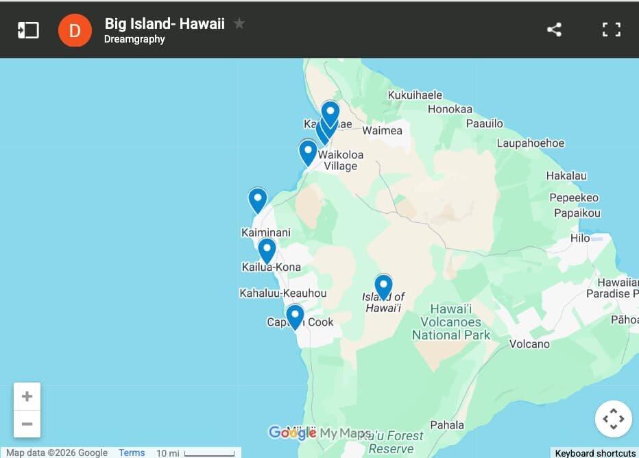 Big Island Photographer — Photo Session Locations Map of Big Island photo session locations offered by Dreamgraphy photographers