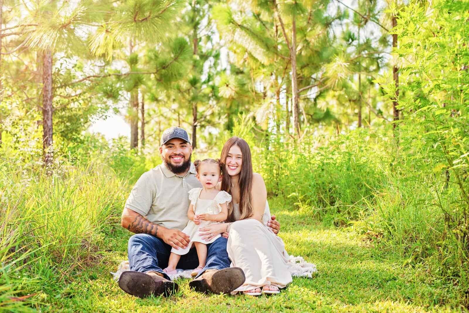 Family of three in sunlit park Young family of three with a toddler smiling together in a sunlit Florida state park