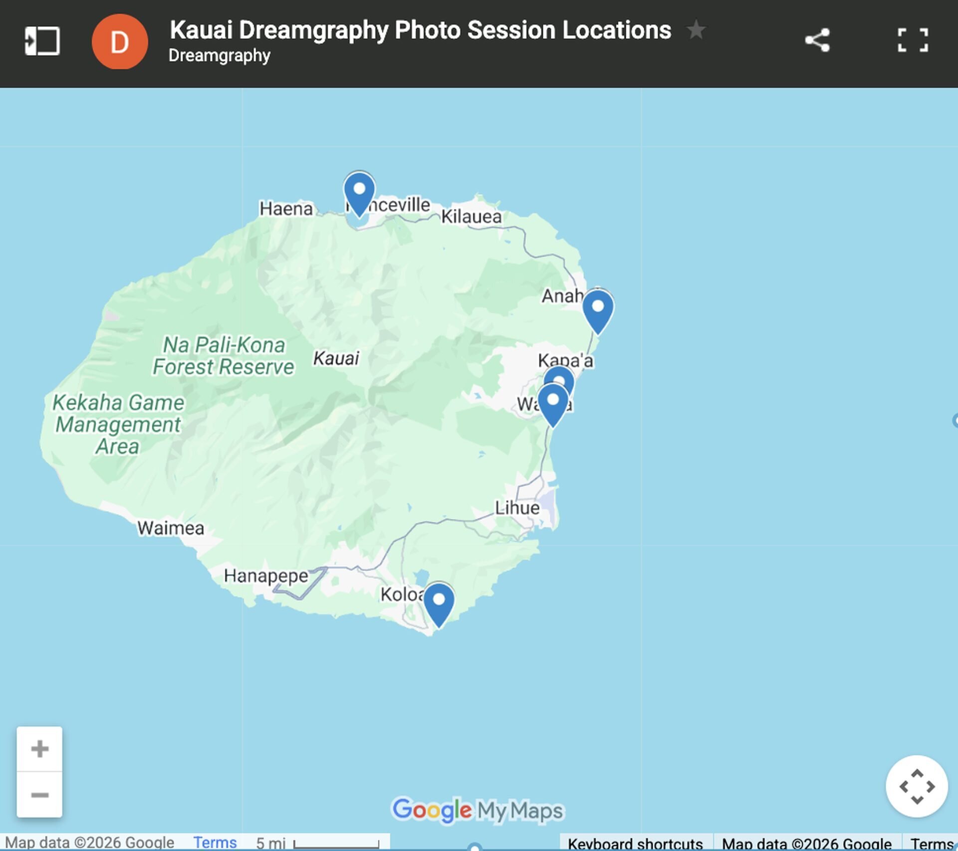 kauai-photographer-photo-session-locations-map-desktop Map of Kauai titled Kauai Dreamgraphy Photo Session Locations, with five pins near Princeville, Anahola, Kapa'a, Wailua and Koloa