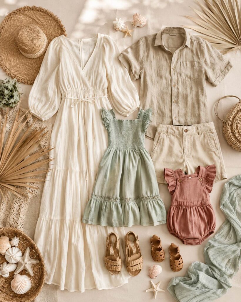 Flatlay of coordinated family beach photo outfits featuring a women's white flowy maxi dress, men's beige linen shirt, girls' sage green dress, and a baby's blush pink romper with woven sandals and seashells.