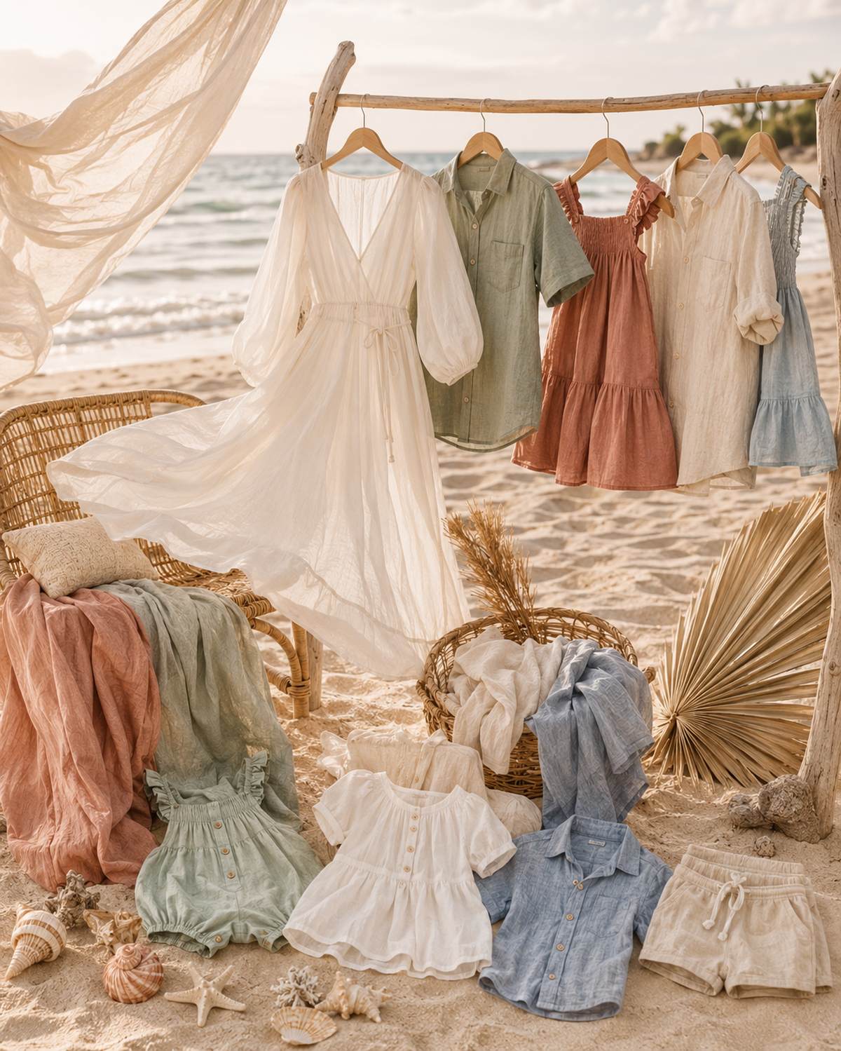 A wooden clothing rack set up on a sandy beach displaying a white maxi dress, sage green shirt, and rust-colored dress, with additional children's linen clothing and a woven chair arranged below.