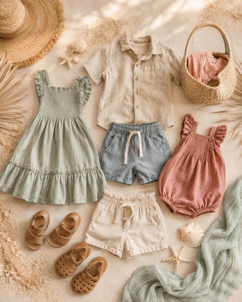 Flatlay of children's beach photo outfits including a sage green ruffled dress, a boy's beige linen button-down with blue shorts, and a blush pink baby romper, accessorized with tan sandals and seashells.