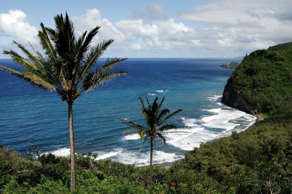 Black sand beach and sea cliffs at Pololu Valley Big Island Hawaii for family photos.